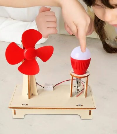 Interaktives Windkraft- und Lichtprojekt für Kinder mit Mini-Windrad und LED-Licht, ideal für Bildungszwecke und Wissenschaftsunterricht.