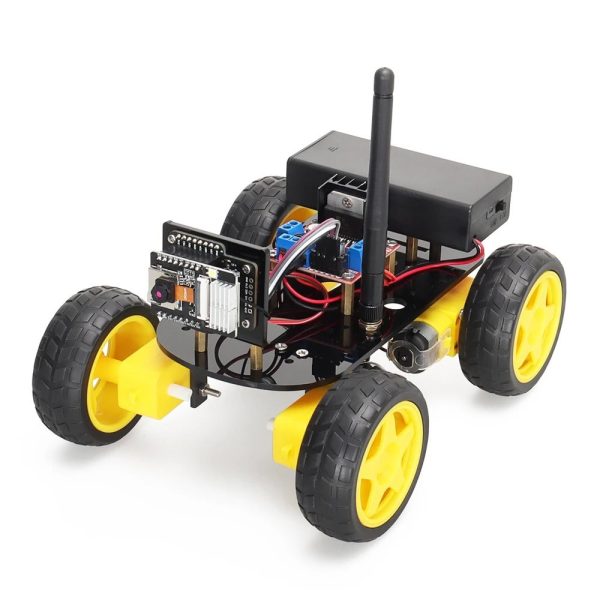 Kleines ferngesteuertes Roboterauto mit gelben Rädern und elektronischen Komponenten, ideal für Wissenschafts- und Technikprojekte.