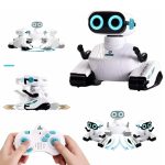 Moderner humanoider Roboter mit großen leuchtenden Augen und Fernbedienung, ideal für Bildung und Unterhaltung.