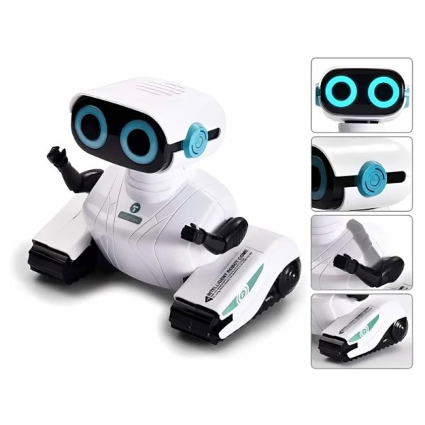 Niedlicher Roboter mit leuchtenden blauen Augen, beweglichem Arm und weißen Körper, ideal für Kinder und Technikliebhaber.