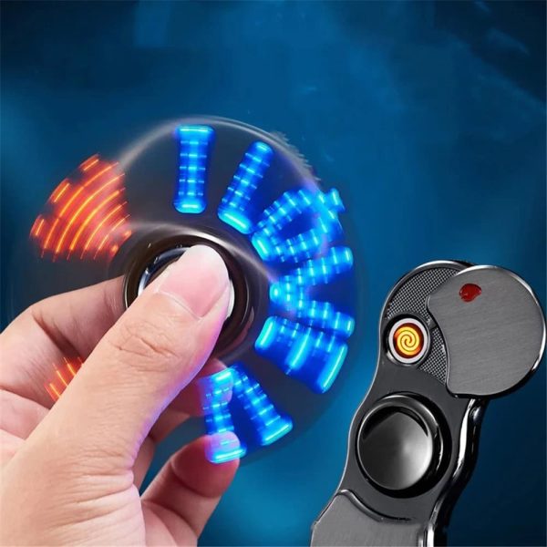 Helle, leuchtende Buchstaben, die mit einem Fidget Spinner verbunden sind, erzeugen einen faszinierenden visuellen Effekt.