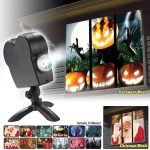 Halloween Projektor mit 12 Filmen, ideal für gruselige Dekorationen und Halloween-Feiern, zeigt gruselige Szenen und Jack-O'-Lanterns.