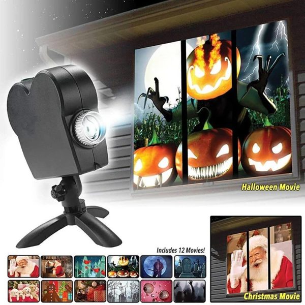 Halloween Projektor mit 12 Filmen, ideal für gruselige Dekorationen und Halloween-Feiern, zeigt gruselige Szenen und Jack-O'-Lanterns.