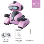 Roboter-Spielzeug in Pink mit Fernbedienung, Anleitung und Schraubenzieher.