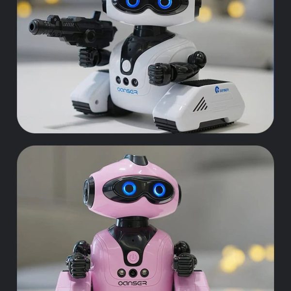 Zwei niedliche Roboter-Spielzeuge, ein weißer mit blauen Akzenten und ein rosa mit schwarzen Details, perfekt für Kinder und Technikliebhaber.