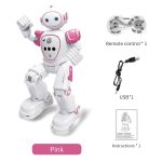 Interaktiver Roboter mit Fernbedienung, USB-Kabel und Bedienungsanleitung, ideal für Kinder, in Pink, für technikbegeisterte Spielkinder.