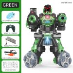 Interaktiver grüner Roboter mit leuchtenden LED-Lichtern, Fernbedienung, modularem Akku und USB-Ladekabel, ideal für Kinder und Technikliebhaber.