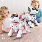 Zwei interaktive Roboter-Hunde für Kinder, einer in Pink und Weiß, der andere in Blau und Weiß, mit leuchtenden Augen und beweglichen Gliedmaßen, ideal für Spiel und Lernen.