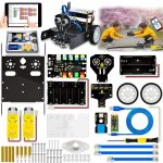 Elektronik-Bausatz für Roboter mit Motoren, Sensoren und Steuerung, ideal für DIY-Projekte und Bildung.