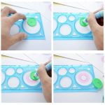 Demonstration eines wissenschaftlichen Bastelsets, bei dem eine Person eine Spirale auf eine transparente Vorlage zeichnet, um geometrische Formen zu erstellen.