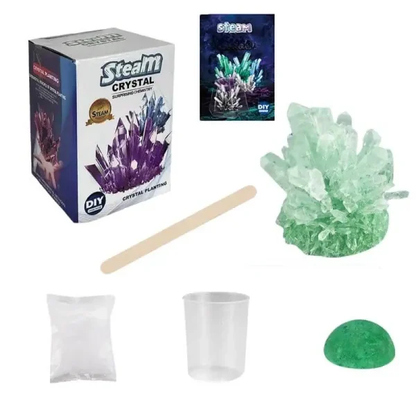DIY Kristallzucht-Set mit Kristallform, Beutel, Becher und Stab für wissenschaftliche Dekorationen und Bastelprojekte.