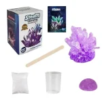 DIY Kristallzuchtset mit Kristall, Beutel, Becher und Holzstab für wissenschaftliche Experimente.