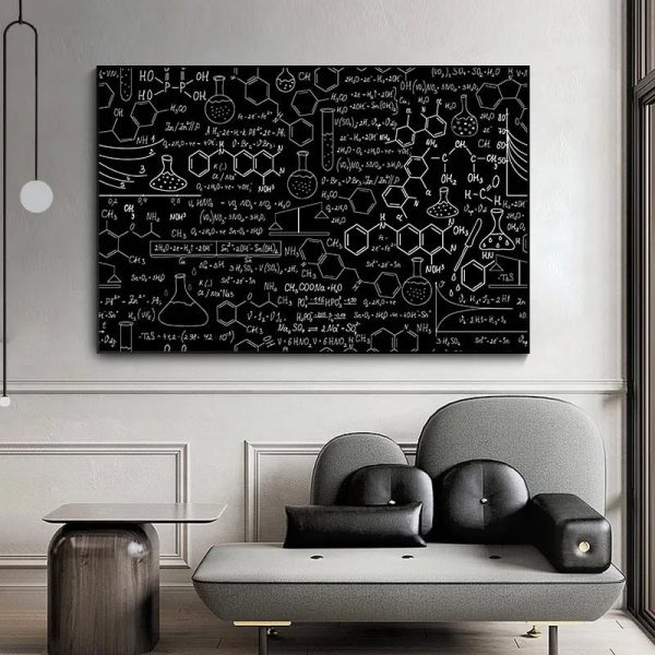 Modernes Wandbild mit chemischen Formeln auf schwarzem Hintergrund, ideal für Wissenschafts- und Laborraumdekoration.