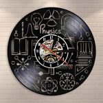 Dekorative Wanduhr im Wissenschaftsstil mit physikalischen Symbolen, mechanischen Zahnrädern und einer zentralen Uhr mit sichtbaren Komponenten, ideal für Wissenschafts- und Technikliebhaber.