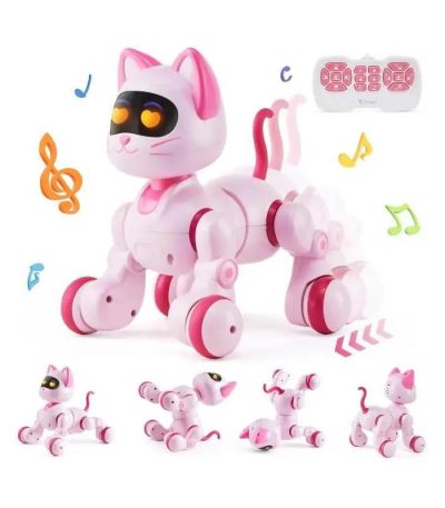 Niedlicher pinker Robotertier-Katzenroboter mit beweglichen Gliedmaßen, Fernbedienung und Musikfunktion, ideal für Kinder und Technikliebhaber.