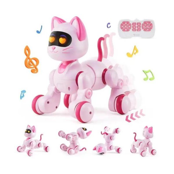 Niedlicher pinker Robotertier-Katzenroboter mit beweglichen Gliedmaßen, Fernbedienung und Musikfunktion, ideal für Kinder und Technikliebhaber.