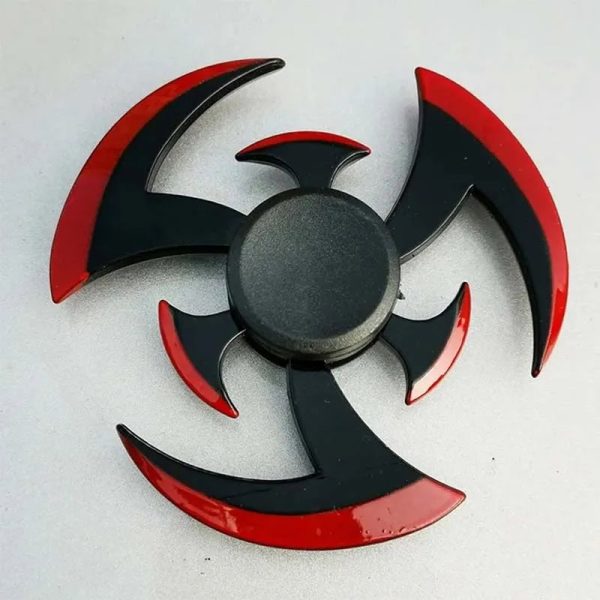 Moderner Fidget Spinner mit rotem und schwarzem Design, ideal für Stressabbau und Konzentration, auf weißem Hintergrund.