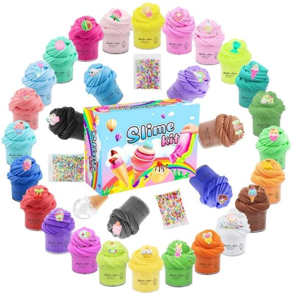 Buntes Schleim-Set mit verschiedenen Farben, Glitzer und Zubehör, ideal für kreative Bastelstunden und Spaß für Kinder.