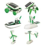 Innovatives Schulrobotik-Kit mit Solarzellen, das aus mehreren Modellen besteht, darunter ein Roboterauto, ein windbetriebenes Windrad und ein Solarflugzeug, ideal für Bildungszwecke.