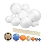 Sammlung von weißen Sphären verschiedener Größen, ergänzt durch eine Weltkugel, eine orangefarbene Kugel, eine graue Kugel, eine kleine schwarze und eine kleine blaue Kugel, sowie eine Reihe von dünne.