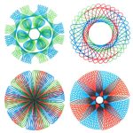 Abstrakte geometrische Blumenmuster aus bunten Linien in Grün, Blau, Rot und Schwarz, die komplexe, symmetrische Designs bilden. Perfekt für wissenschaftliche Dekorationen und kreative Projekte.