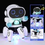 Niedlicher Roboter mit leuchtenden Augen, der Musik spielt, Neonlichter zeigt und tanzt, ideal für Kinder und Dekorationen.