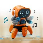 Niedliches Roboter-Spielzeug mit beweglichen Armen und einem digitalen Gesicht, das fröhlich lächelt, umgeben von Musiknoten, ideal für Kinder und Technikliebhaber.