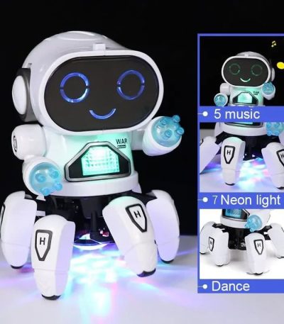 Niedlicher Roboter mit leuchtenden Augen, der Musik spielt, Neonlichter zeigt und tanzt, ideal für Kinder und Dekorationen.