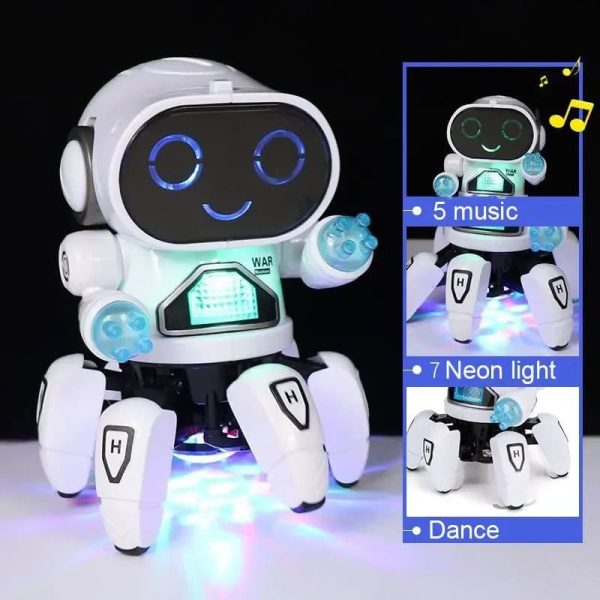 Niedlicher Roboter mit leuchtenden Augen, der Musik spielt, Neonlichter zeigt und tanzt, ideal für Kinder und Dekorationen.