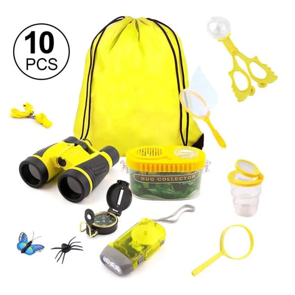 Sicheres Kinder-Entdecker-Set mit Fernglas, Lupe, Insektenfänger, Taschenlampe, Kompass, Schere, Flasche, und mehr in leuchtendem Gelb für spannende Naturerkundungen.