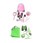 Entdecken Sie ein farbenfrohes Wissenschaftsspielzeug-Set für Kinder, inklusive Mikroskop, Lupen, Teleskop, Schere, Pinzette und Tragetaschen in Pink und Grün. Perfekt für kleine Forscher und Entdecke.
