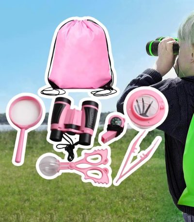 Spielzeug-Set für Kinder zum Erkunden der Natur, inklusive Lupe, Binokular, Schere, Stift, Rucksack und mehr, ideal für Entdeckungs- und Lernspiele im Freien.