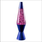 Bunte Lava-Lampe mit pinkem Glitzer, blauer Sockel und Kappe, ideal als wissenschaftliches Dekorationsstück oder Geschenk.
