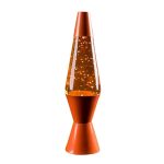 Ein orangefarbener Lava-Lampen-Dekorationsartikel mit flüssigem, blubberndem Lava in einem transparenten Glaszylinder, umgeben von einem orangefarbenen Sockel und Deckel.