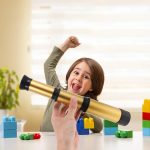Kind spielt mit einem kleinen Teleskop, das für Kinder geeignet ist, auf einem Tisch mit bunten Bausteinen, im hellen Raum.