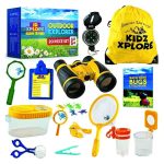 Kinder-Entdecker-Set mit Fernglas, Lupe, Insektenfänger, Notizblock, Uhr, Tragetasche und weiteren Zubehör für spannende Naturerkundungen im Freien. Perfekt für kleine Forscher ab 5 Jahren.