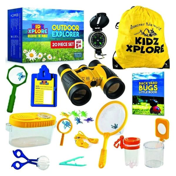 Kinder-Entdecker-Set mit Fernglas, Lupe, Insektenfänger, Notizblock, Uhr, Tragetasche und weiteren Zubehör für spannende Naturerkundungen im Freien. Perfekt für kleine Forscher ab 5 Jahren.