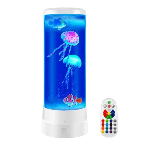 LED-Lampe mit schwimmenden Quallen und Fischen, ideal für Kinderzimmer und Dekoration, mit Fernbedienung für Farbwechsel und Lichtsteuerung.