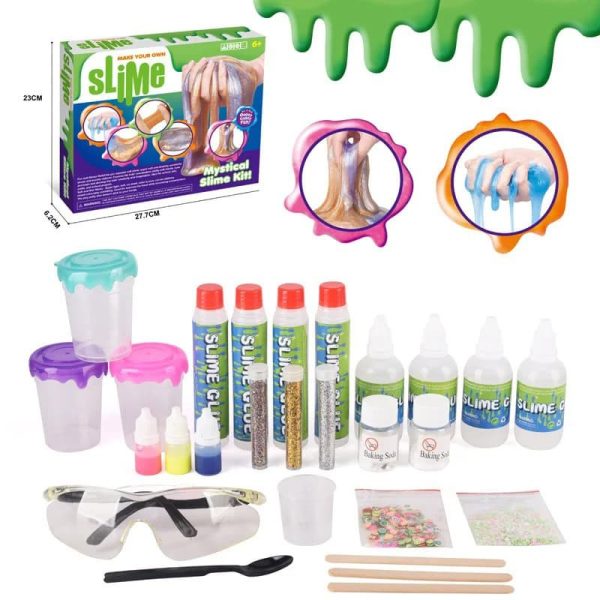 Kreatives Schlamm-Set für Kinder mit verschiedenen Farben, Werkzeugen und Anleitungen, ideal für wissenschaftliche Experimente und Bastelprojekte.