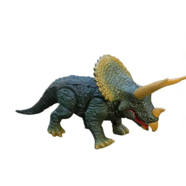Detailaufnahme eines Dinosaurier-Spielzeugmodells mit Horn, Panzerung und realistischer Textur, ideal für Wissenschafts- und Dekorationszwecke.