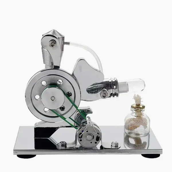 Detailliertes wissenschaftliches Maschinenmodell mit Riemen, Zahnrädern und Glasflasche, ideal für Bildungs- und Forschungszwecke.