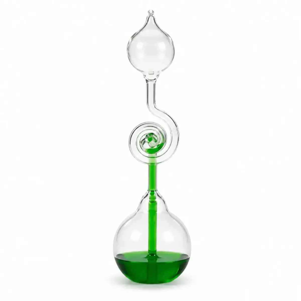 Ein wissenschaftliches Glasgerät mit grüner Flüssigkeit, ideal als Dekoration oder für wissenschaftliche Experimente.