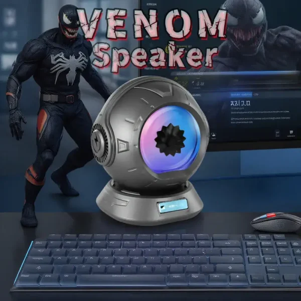 Hochwertiger Venom Lautsprecher mit futuristischem Design und LED-Beleuchtung, ideal für Gaming und Musik.