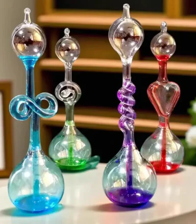 Bunte wissenschaftliche Glasflaschen mit verschiedenen Formen und Farben, ideal für Dekoration und wissenschaftliche Experimente.