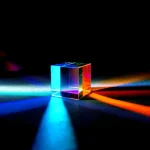 Ein transparenter Kristallwürfel, der Licht in Regenbogenfarben bricht und auf einer dunklen Oberfläche leuchtet, erzeugt bunte Lichtreflexe und Schatten.