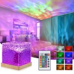 Farbwechselnder Lichtprojektor für Schlafzimmer, der die Decke mit bunten, leuchtenden Mustern und Sternen beleuchtet, ideal für entspannte Abende und kreative Raumgestaltung.