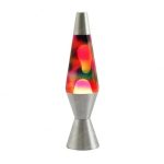 Klassische Lava-Lampe mit bunten, schimmernden Blasen in einem transparenten Glaszylinder, umgeben von einem silbernen Metallfuß. Perfekt für wissenschaftliche Dekorationen und nostalgische Sammlerstü.