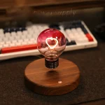 Dekorative Glühbirne mit Herz-Design auf Holzsockel, ideal für wissenschaftliche Dekorationen und kreative Raumgestaltung.