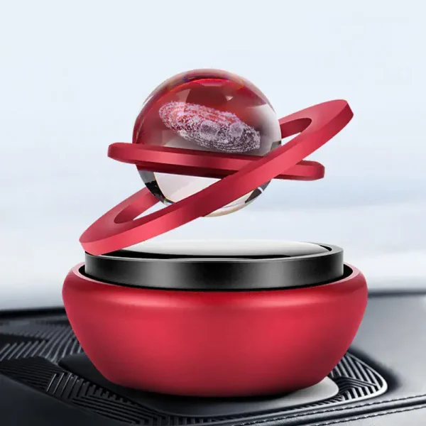 Hochwertiges wissenschaftliches Dekorationsobjekt in rotem Design, das eine stilisierte Planetensimulation darstellt. Perfekt für Wissenschafts- und Dekorationsliebhaber, die moderne und elegante Akze.