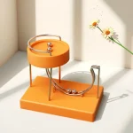 Wissenschaftliches Spielzeug mit Metallkugeln auf orangefarbenem Holzständer, ideal für Dekoration und Lernzwecke.